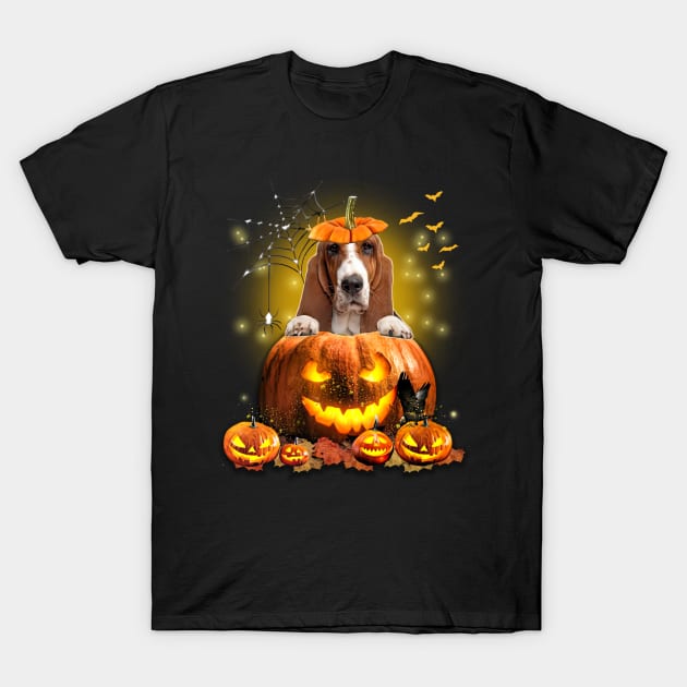 Basset Hound Spooky Halloween Pumpkin Dog Head T-Shirt by Red and Black Floral